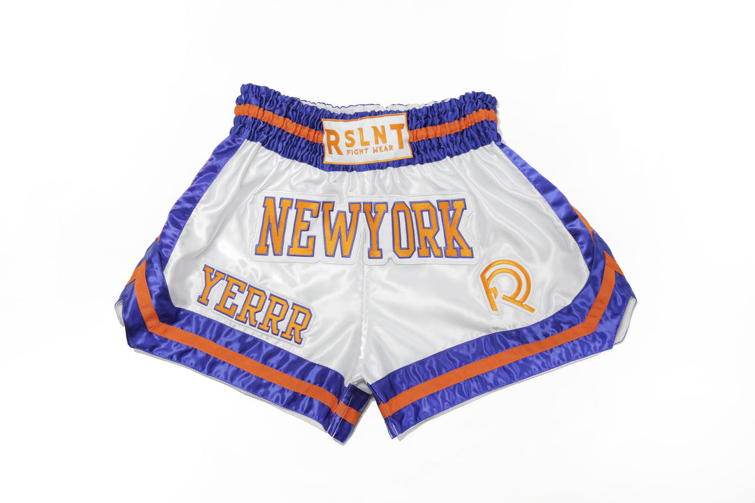 "New York" Muay Thai Shorts (White / Orange / Blue)
