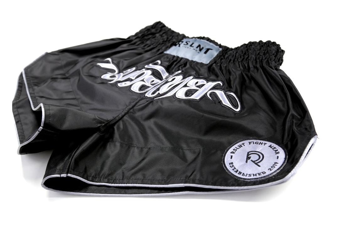 "Omega" Performance Nylon Muay Thai Shorts (Black / Silver)