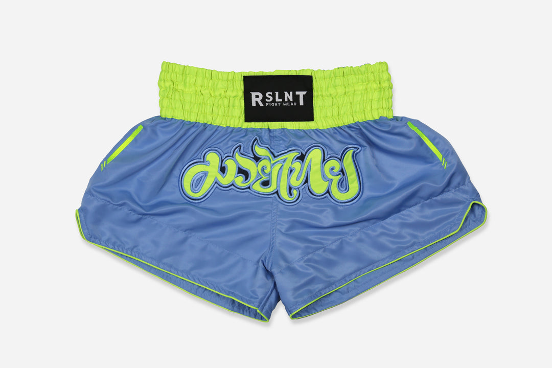 "Retroactive" Microfiber Muay Thai Shorts (Baby Blue/Lime)
