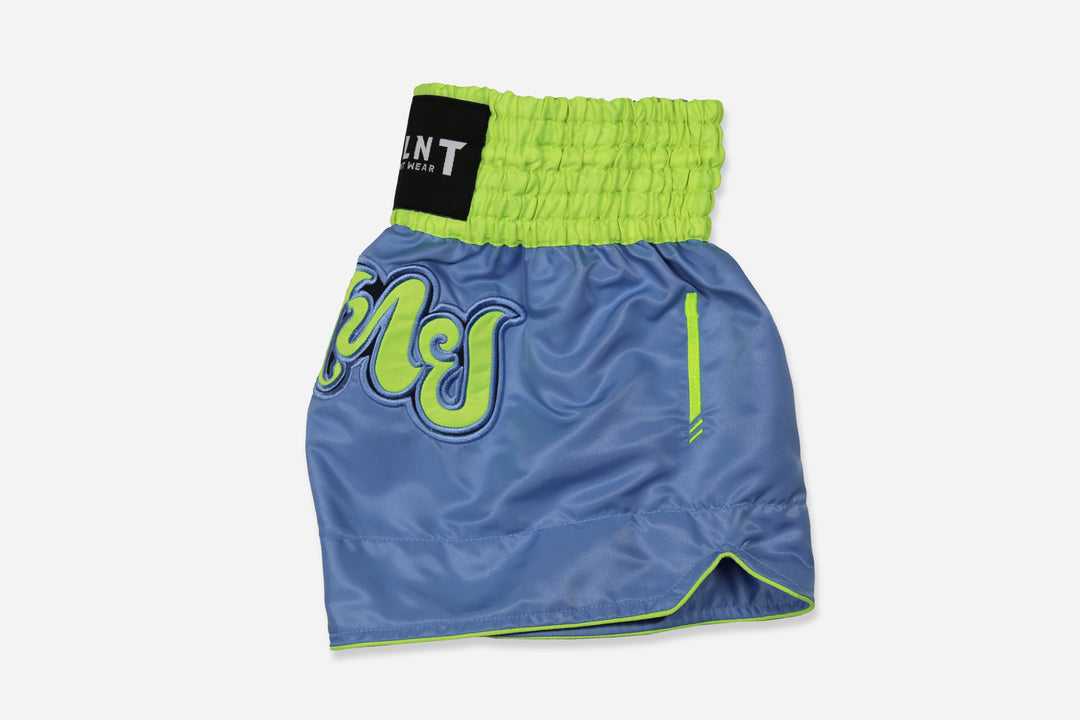 "Retroactive" Microfiber Muay Thai Shorts (Baby Blue/Lime)
