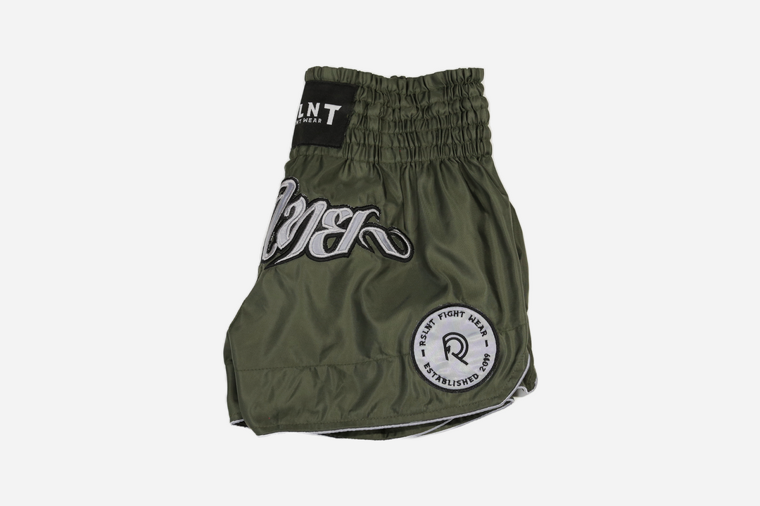 "Omega 2.0" Nylon Muay Thai Shorts (Olive / Silver)