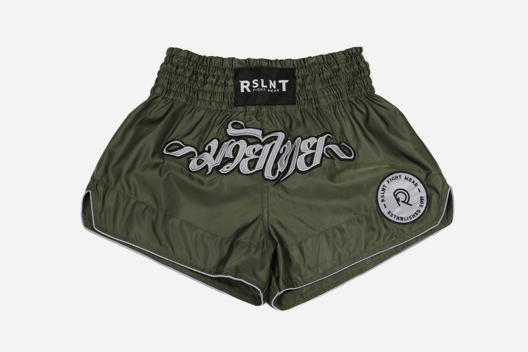 "Omega 2.0" Nylon Muay Thai Shorts (Olive / Silver)