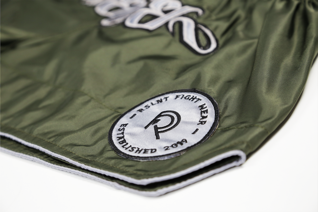 "Omega 2.0" Nylon Muay Thai Shorts (Olive / Silver)