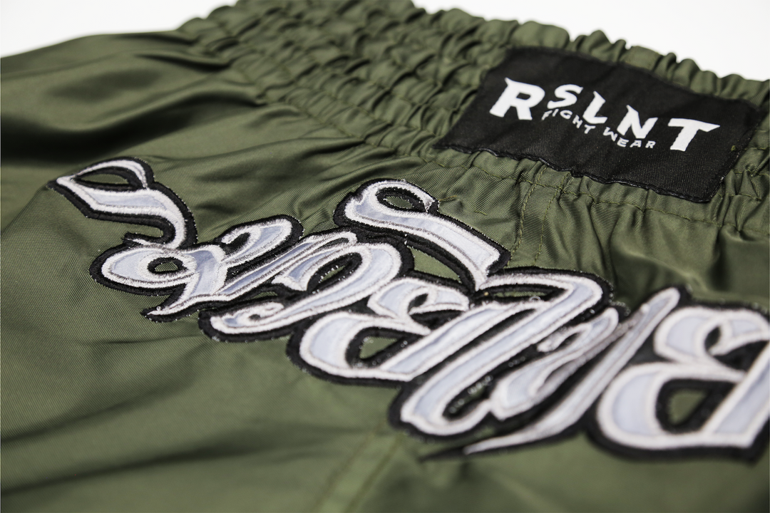 "Omega 2.0" Nylon Muay Thai Shorts (Olive / Silver)