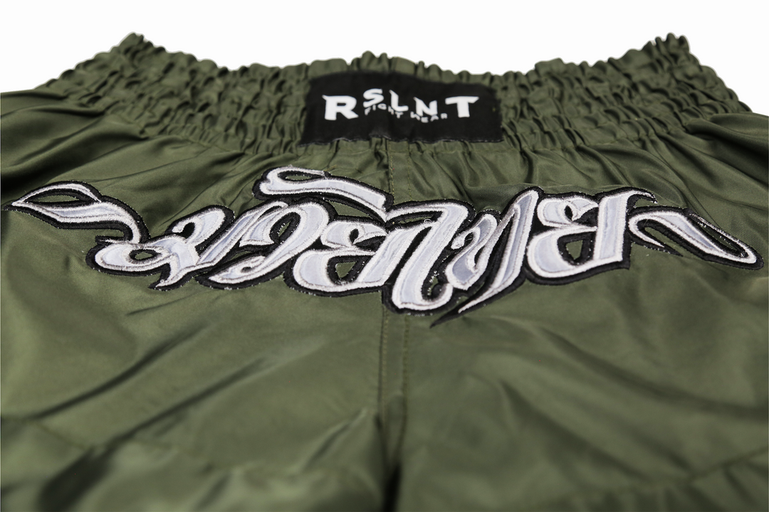 "Omega 2.0" Nylon Muay Thai Shorts (Olive / Silver)